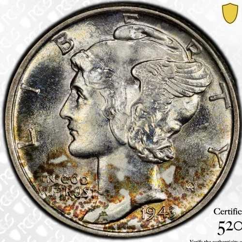 1943年 MS66 トーン PCGS マーキュリーダイム トゥルービュー ゴールドシールド 美しい色