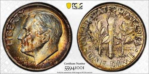 トーン加工済み 1956年 ルーズベルト ダイム - PCGS MS67 - オリジナルミントセット トーン加工済みプレミアム 36,465円