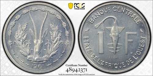 1961年 西アフリカ諸国 1フラン エッサイ アルミニウム Km# E3 PCGS SP 67