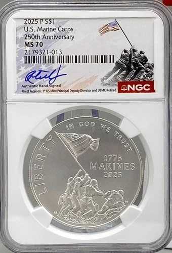 アメリカ海兵隊250周年記念 2025年 銀貨 - NGC MS70、硫黄島ラベル