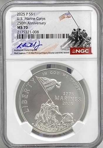 アメリカ海兵隊250周年記念 2025年 銀貨 - NGC MS70、硫黄島ラベル