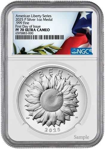 2025-P (PR70) 1オンス ハイレリーフ シルバー アメリカン リバティ メダル NGC FDOI ひまわり