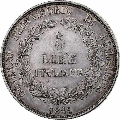 [#874585] ロンバルディア臨時政府、5リラ、1848年、ミラノ、銀、AU(50