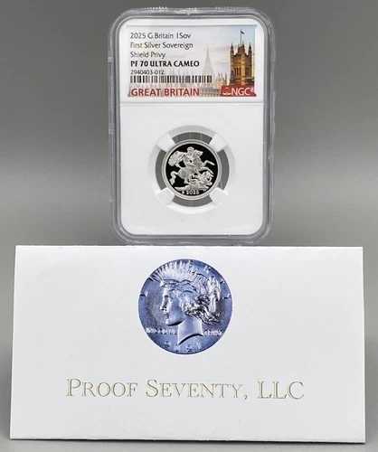 2025年英国初代シルバーソブリン金貨（盾型国王マーク付き）、NGC PF 70ウルトラカメオ