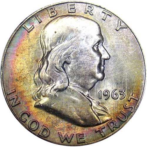 1963-D 50C NGC MS65FBL シルバー フランクリン ~ 美しいレインボー トーニング!