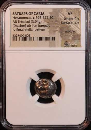 カリアの太守、ヘカトムヌス・ドラクマ（紀元前392-377年） - NGC VF！古代ライオン、希少！