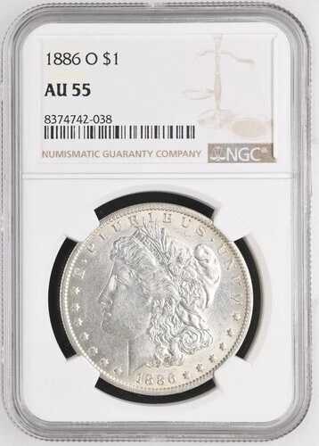 1886-O 1ドルモルガン銀貨 NGC AU55、タフ/キーデート