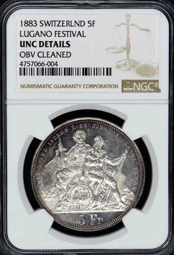 1883年 スイス 5フラン ルガーノ・フェスティバル NGC UNC 詳細 OBVクリーニング済み