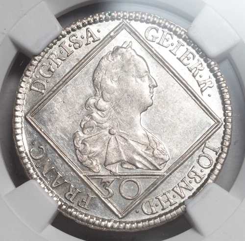 1749年、オーストリア、フランツ1世シュテファン作。銀貨30クロイツァー貨。ホールミント！NGC AU-58！ 75,625円