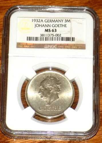 ワイマール共和国 ゲーテ没後100周年記念 3ライヒスマルク 1932A NGC MS63 UNCコイン