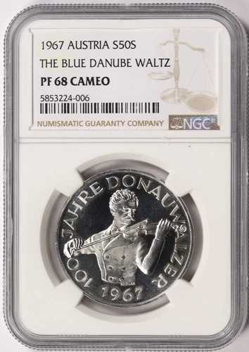 1967年 オーストリア 銀貨 50シリング NGC PF68 カメオ 美しく青きドナウ ワルツ
