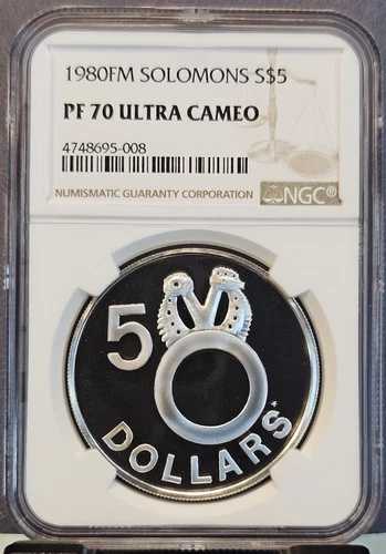 1980年 ソロモン銀貨 5ドル 化石化貝殻 NGC PF 70 ウルトラカメオ ポップ1