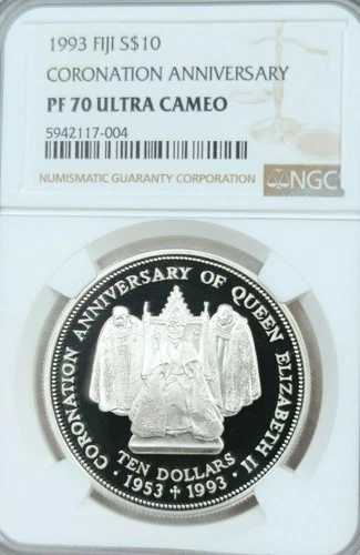 1993年 フィジー 銀貨 10ドル 戴冠式記念 NGC PF 70 ウルトラカメオ パーフェクト