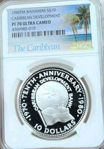 1980年 バハマ 銀貨 10ドル カリブ海開発 NGC PF 70 ウルトラカメオ