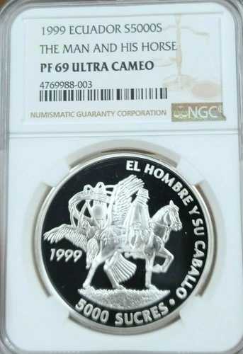 1999年 エクアドル シルバー 5000 スクレ 男と馬 NGC PF 69 ウルトラカメオ 希少