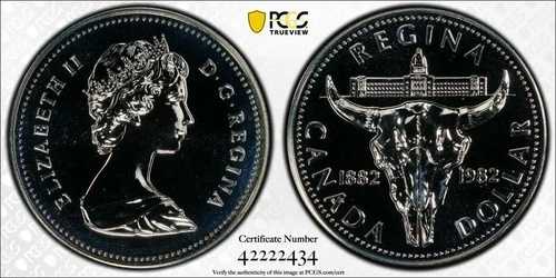 1982年 カナダ レジーナ センテニアル 牛の頭蓋骨 銀貨 PCGS SP68 2434