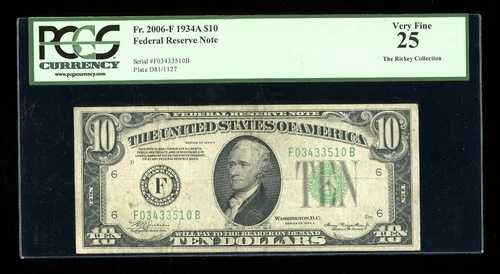 DBR 1934-A $10 FRN アトランタ Fr. 2006-F PCGS 25 シリアル F03433510B