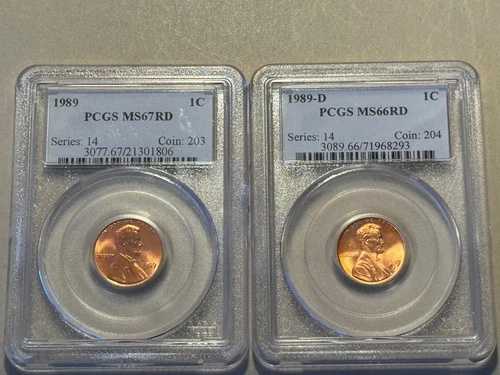 2枚セット：1989年 P&D リンカーンセント PCGS MS67RD & MS66RD ナイストーンレッド