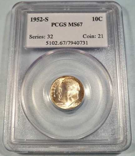 1952-S PCGS MS67 ルーズベルト ダイム 10セント シルバー MS 67 縁付近の良好な状態
