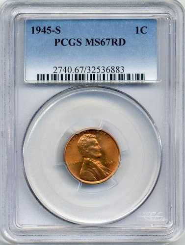 1945-S レッド リンカーン セント、極上未使用、PCGS MS67 RD