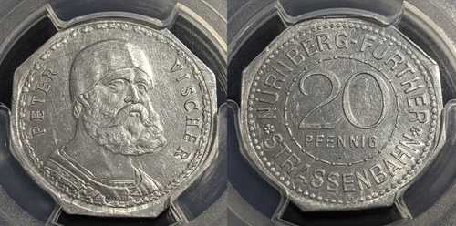 ドイツ ニュルンベルク ペーター ヴィッシャー 路面電車 トークン 20 フェニヒ PCGS MS62 UNC #1898