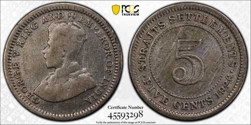 1926年 5C Straits Settlements PCGS Genuine F Detail Cert# 45593298