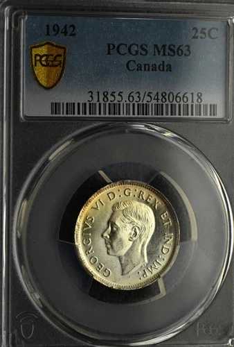 1942年 25セント 25? PCGS MS-63 - 非常に光沢があり強い光沢