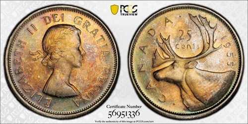 1955年 25セント 25? PCGS MS-64 - 素晴らしい金色のトーン