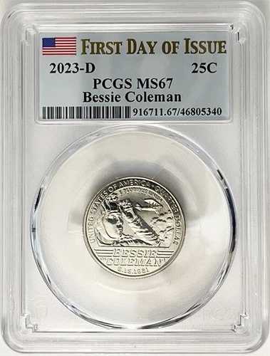 2023年 D アメリカ女性用クォーター ベッシー・コールマン PCGS MS 67 発行初日ラベル