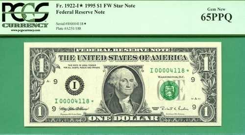 ** ローシリアル スターノート I00004118* 1995 $1 FRN ** PCGS GEM 65 PPQ * ミネアポリス
