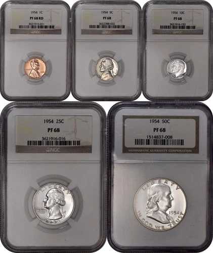1954 年米国プルーフ セット 1 セント - 50 セント - すべて NGC PF68 (PR68) 品質セット!