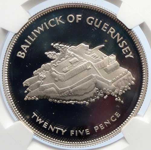 1977年 ガーンジー島 英国 エリザベス2世 キャッスルコルネット プルーフ銀貨 25ペンス NGC i105652