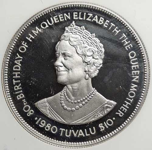 1980年 ツバル エリス諸島 英国 エリザベス2世 80年 プルーフ銀貨 10ドル NGC i105768