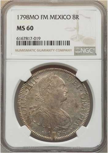 メキシコ：カルロス4世 8レアル 1798年 MO FM MS60 NGC、UNC! 銀貨