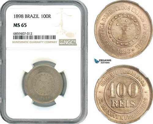 AI415、ブラジル、100レイ1898、NGC MS65-