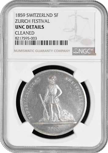 スイス 5フラン 1859年 NGC UNC Det.、「チューリッヒ射撃祭」銀貨