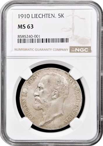 リヒテンシュタイン 5クラウン 1910年 NGC MS63、「ジョアン2世（1858 - 1929）」 銀貨
