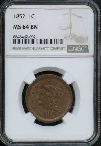 NGC - 編み込みヘア ラージセント - 1c - 1852 - MS-64-BN|WORLD RESOURCE【QUEEN店】