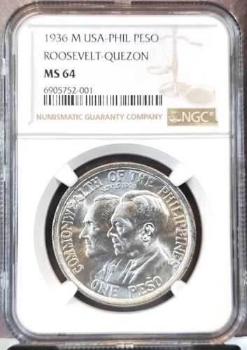 1936年 フィリピン 銀貨 1ペソ ルーズベルト＆ケソン NGC MS 64 希少 美しいBU｜WORLD RESOURCE【QUEEN店】