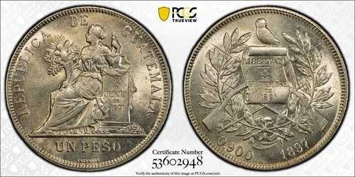 最高価格!1897年グアテマラ 1ペソ銀貨 PCGS MS63 K-210 UNC、高品位!|WORLD RESOURCE【QUEEN店】
