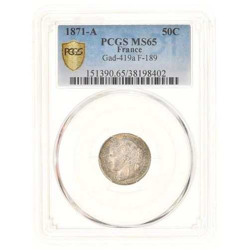 [#906162] コイン、フランス、セレ、50 サンタイム、1871、パリ、PCGS、MS65、MS(65-70)、