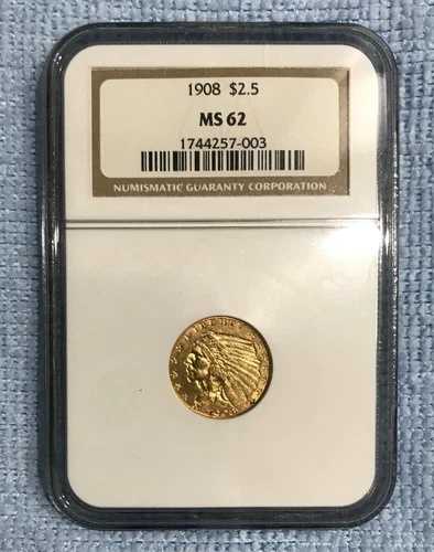 1908 年 2.5 ドル インディアン ヘッド ゴールド クォーター イーグル NGC MS62 宝石、美しい光沢!!｜WORLD RESOURCE【QUEEN店】