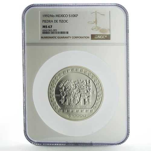 メキシコ 10000 ペソ プレコロンビーナ ピエドラ デ ティゾック MS67 NGC 銀貨 1992