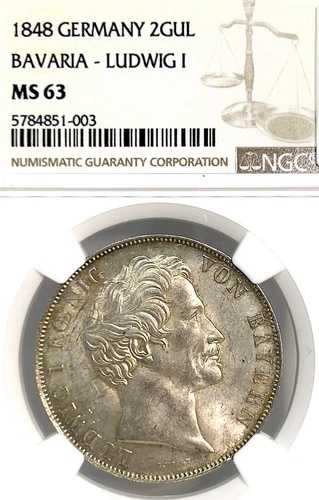 ドイツ諸州 バイエルン 1848年 2グルデン硬貨 ターラー NGC MS 63 VZ/STG UNC ルートヴィヒ1世