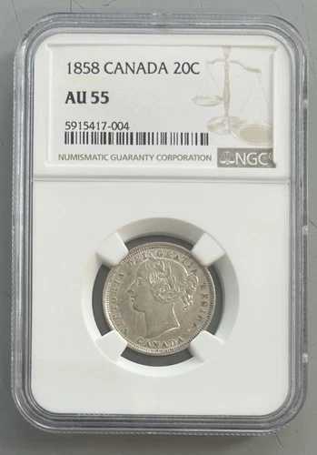 1858年カナダ20セント銀貨 - NGC AU55. A2