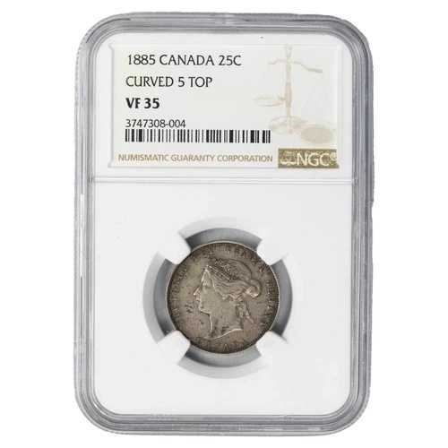 カナダ 1885年 カーブトップ5 25セントクォーター銀貨 - NGC VF-35