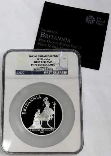 2013年 シルバー グレートブリテン 10ポンド ブリタニア 5オンス プルーフ NGC PF 70 初版