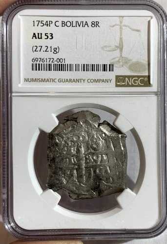 * 1754 P C ボリビア 8レアル コブマネー NGC AU53: (27.21g)*