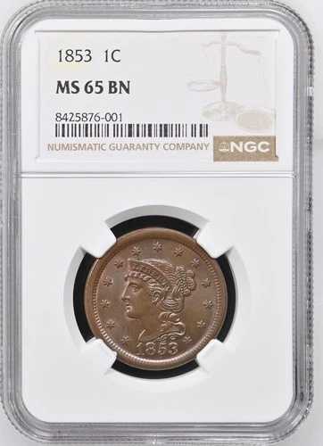 1853年 1セント 編み込みヘア ラージセント - NGC MS65 BN - PQ - 送料無料