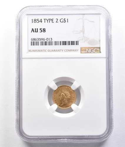 1854年 1ドル インディアン・プリンセス・ヘッド金貨 タイプ2 AU58 NGC *2545